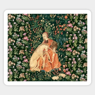 LADY AND UNICORN AMONG FLOWERS ,HARES,Red Green Floral Sticker